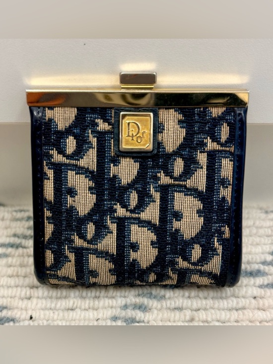 Dior Handbags - DIOR Vintage Rare Blue Trotter Monogram Canvas Kiss Lock Coin Purse W/ Gold
